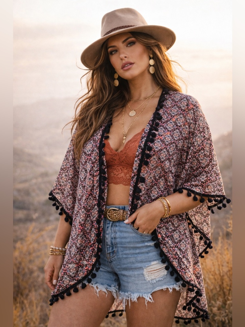 EYESHADOW Boho Floral Print Open Front Kimono Pom Pom Trim Sz XL Festival Beach